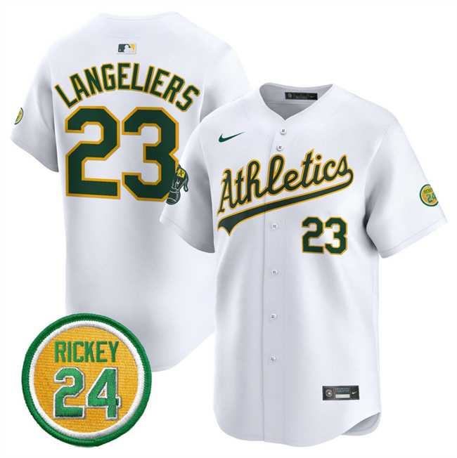 Mens Oakland Athletics #23 Shea Langeliers White 2024 Home Limited With Rickey Henderson Patch Stitched Jersey Dzhi